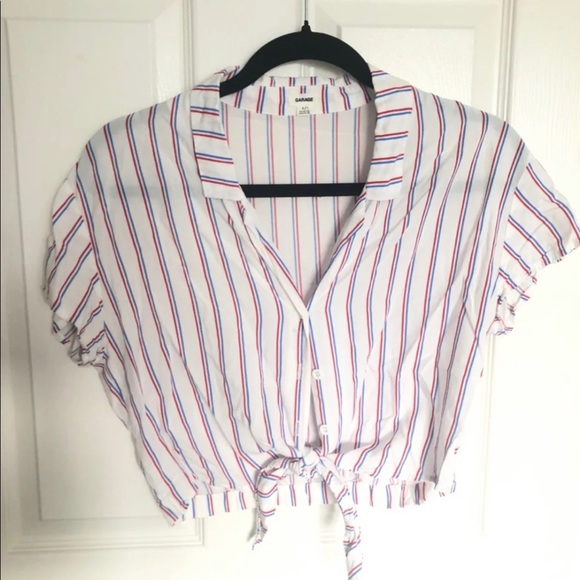 Garage red white blue tie crop top blouse - Picture 2 of 6